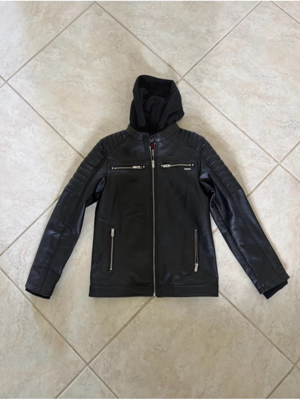 Guess Boy’s Black Hooded Bomber Jacket with Silver Zippers